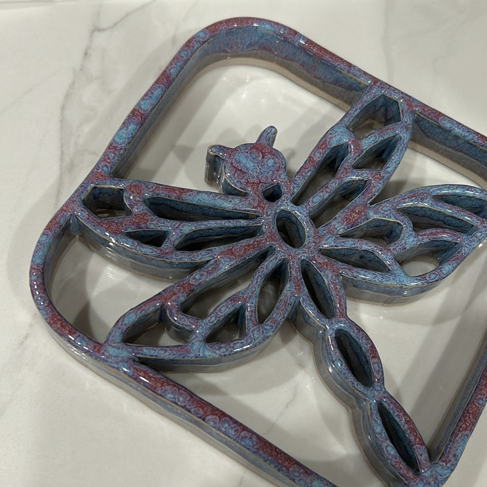 Glazed Pottery Dragonfly Trivet- handmade hot plate - Stoneware Pottery: Sunrise - Picture 6 of 6